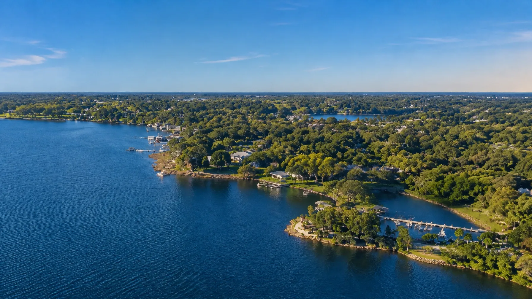 Aerial view of a Central Florida lake and tree-lined shoreline